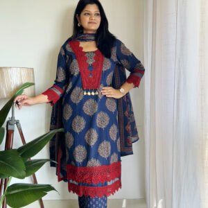 blue red lace cotton kurta set