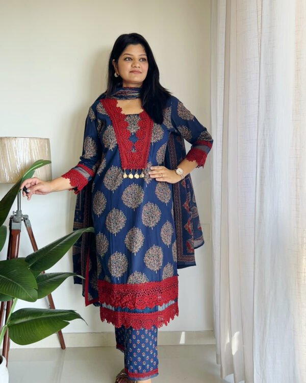 blue red lace cotton kurta set