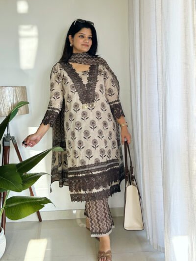 cotton lace v neck kurta set