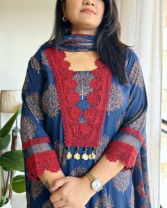 blue red lace cotton kurta set
