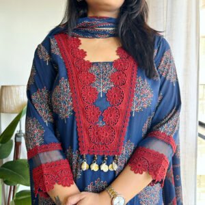 blue red lace cotton kurta set