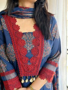 blue red lace cotton kurta set