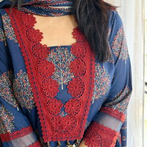 blue red lace cotton kurta set