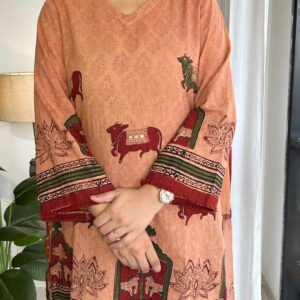 peach maroon pichwai handblock farshi kurta set