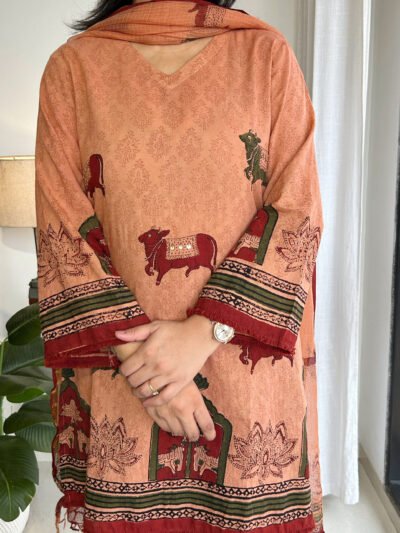 peach maroon pichwai handblock farshi kurta set