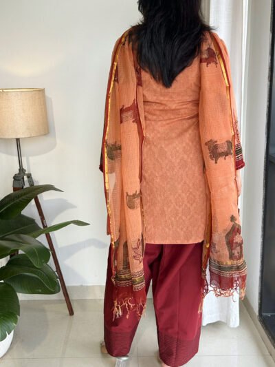 peach maroon pichwai handblock farshi kurta set