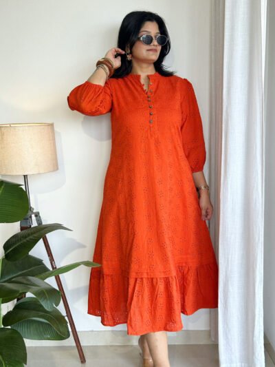 orange schiffli a line dress