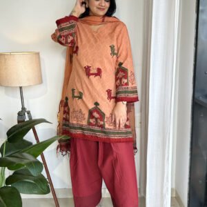 peach maroon pichwai handblock farshi kurta set
