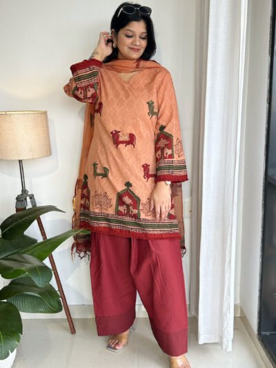 peach maroon pichwai handblock farshi kurta set