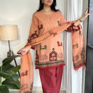 peach maroon pichwai handblock farshi kurta set