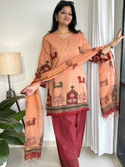 peach maroon pichwai handblock farshi kurta set
