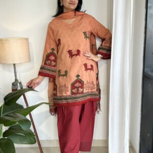 peach maroon pichwai handblock farshi kurta set
