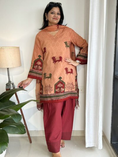 peach maroon pichwai handblock farshi kurta set