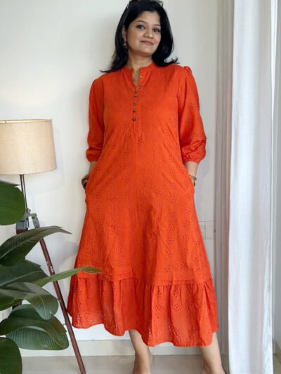 orange schiffli a line dress