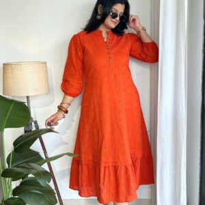 orange schiffli a line dress