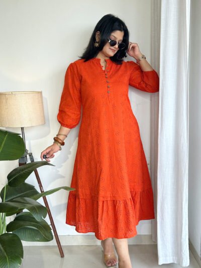 orange schiffli a line dress
