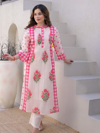 peach check mul cotton kurta pant set