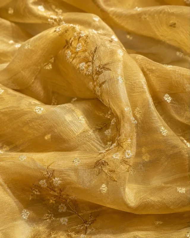 Home Mustard-gold mul chanderi fabric with zari buttis